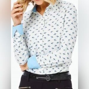 Ladies BELYN KEY Dragonfly Sky Blue & White Long Sleeve Golf Shirt M Medium